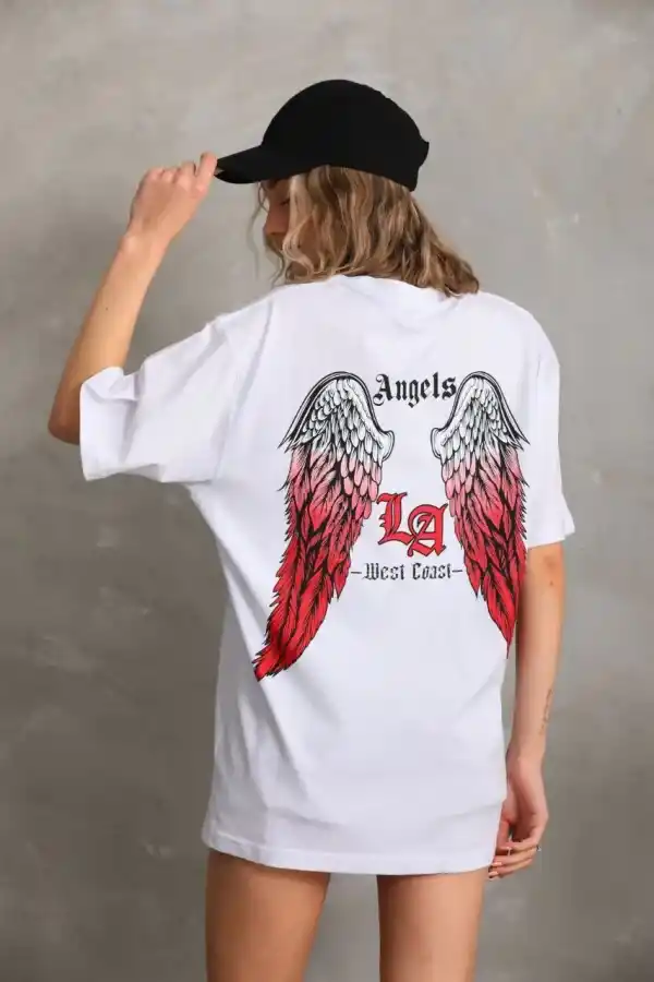 Kadın Baskılı Tişört Kısa Kol Bisiklet Yaka Oversize T-Shirt - Beyaz