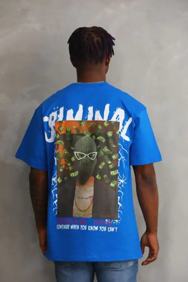 Erkek Baskılı T-Shirt Kısa Kol Bisiklet Yaka Rahat Kalıp Tişört  - Mavi