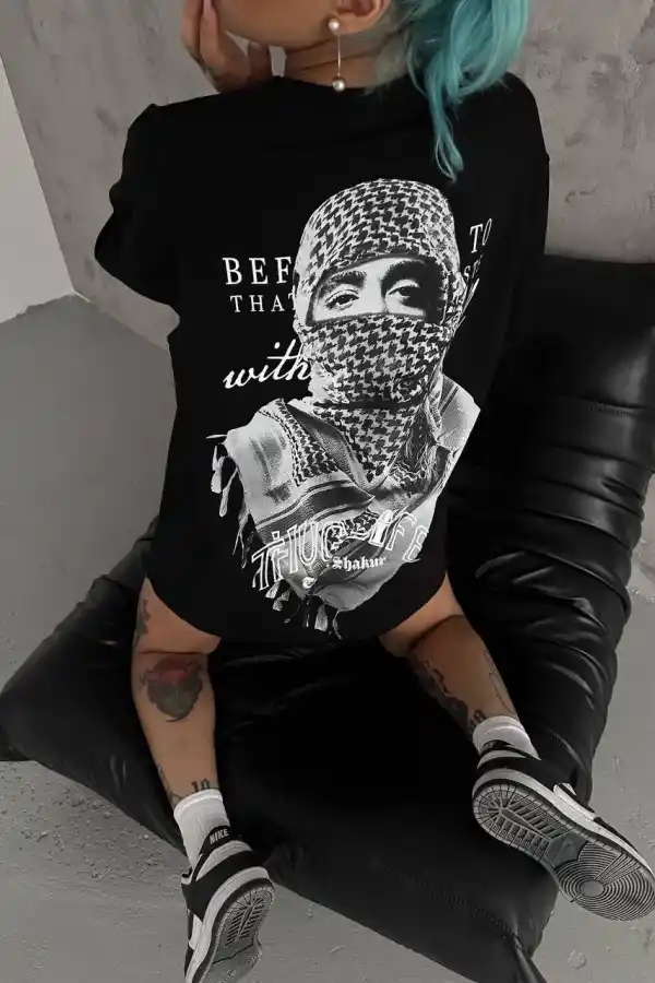 Kadın Kısa Kol Tişört Bisiklet Yaka Filistin Poşülü Baskılı T-Shirt - Siyah