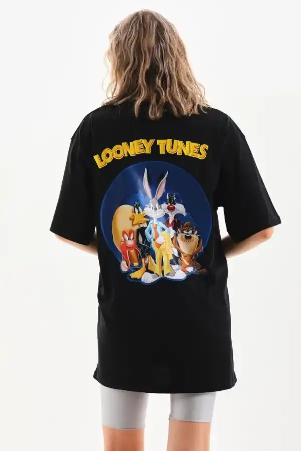 Kadın Kısa Kol Yazlık Tişört Bisiklet Yaka Baskılı Oversize T-Shirt - Siyah