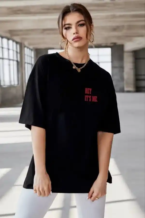 Kadın Baskılı T-Shirt Kısa Kol Bisiklet Yaka Oversize Rahat Kalıp Tişört - Siyah