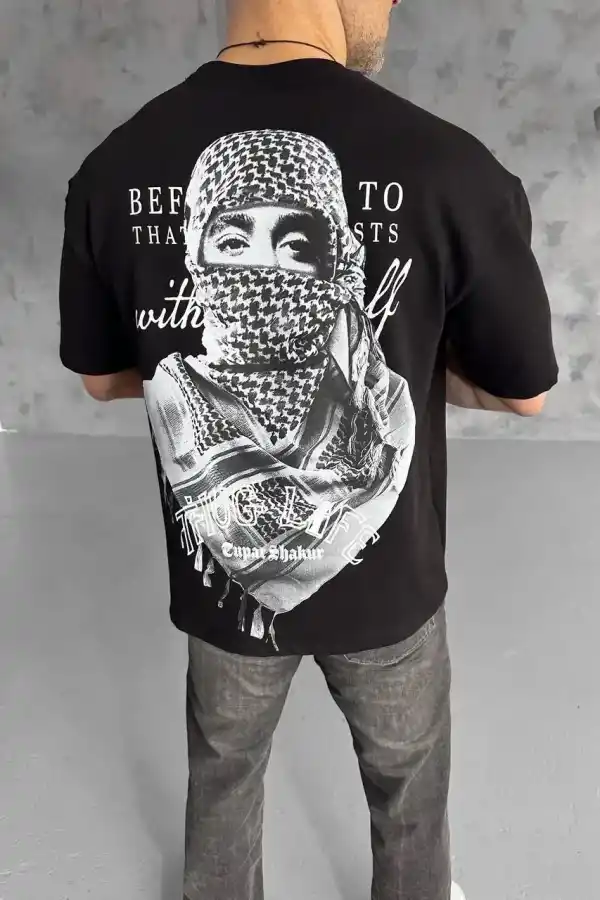 Erkek Kısa Kol Tişört Bisiklet Yaka Filistin Poşulu Baskılı T-Shirt - Siyah