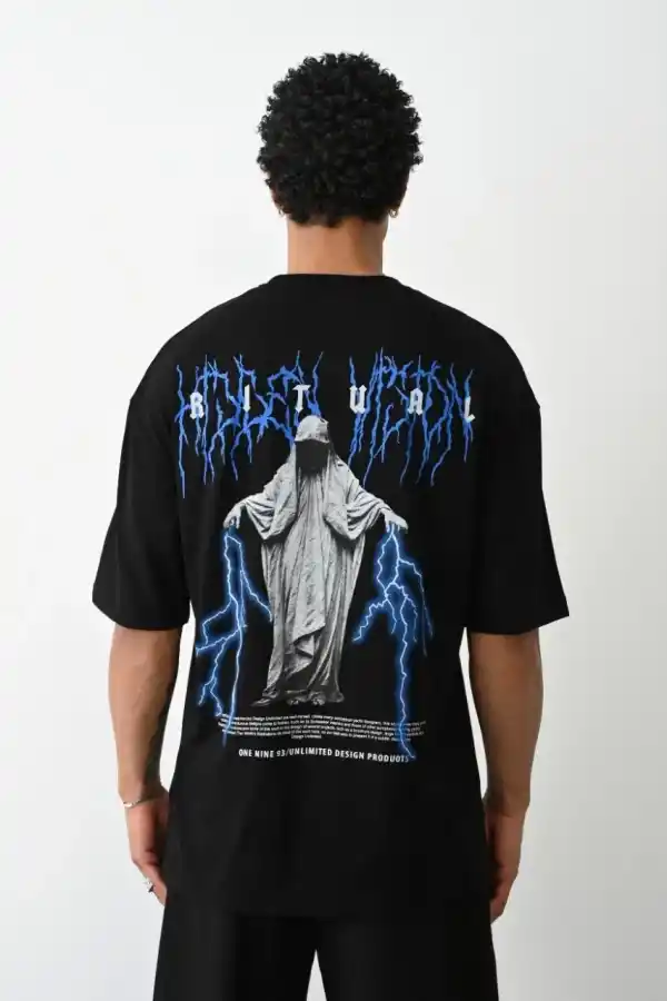 Erkek Baskılı Oversize  Kısa kol T-Shirt - Siyah