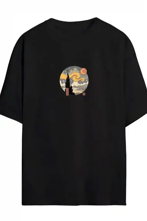 Kadın Baskılı T-Shirt Kısa Kol Bisiklet Yaka Oversize Rahat Kalıp Tişört - Siyah