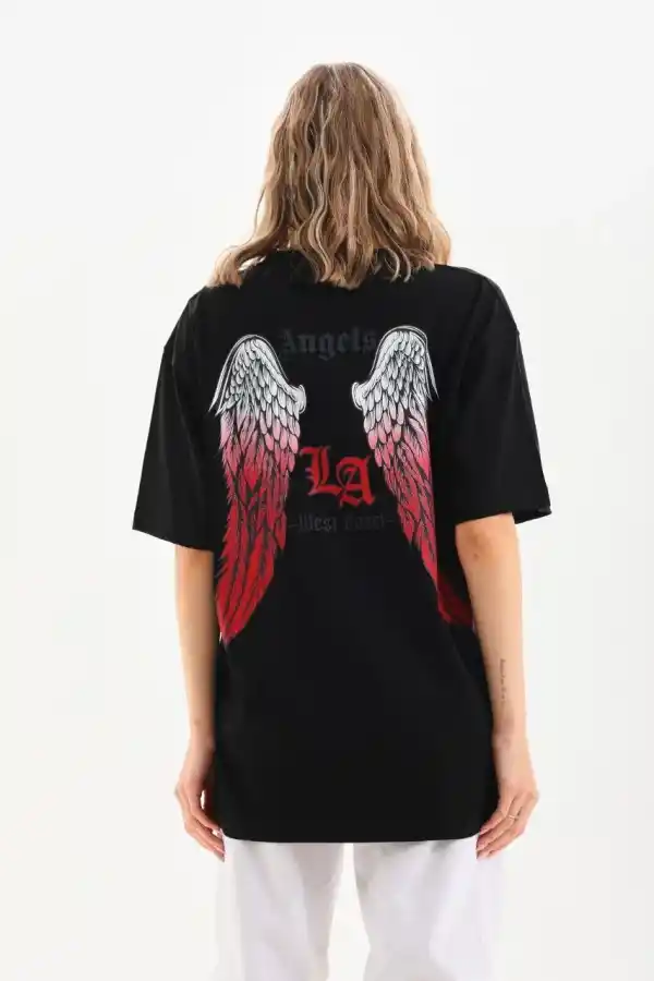 Kadın Baskılı Tişört Kısa Kol Bisiklet Yaka Oversize T-Shirt - Siyah