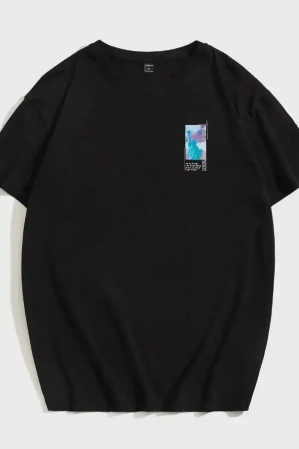 Kadın Baskılı T-Shirt Kısa Kol Bisiklet Yaka Oversize Rahat Kalıp Tişört - Siyah