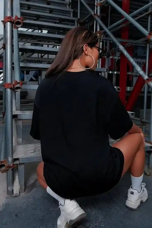 Kadın Baskılı T-Shirt Kısa Kol Bisiklet Yaka Oversize Rahat Kalıp Tişört - Siyah