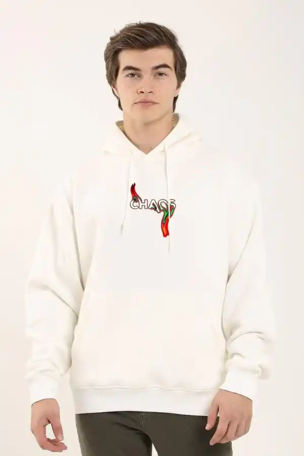 Erkek 3 İplik Pamuklu Kapüşonlu Baskılı Cepli Oversize Sweatshirt Hoodie - Beyaz