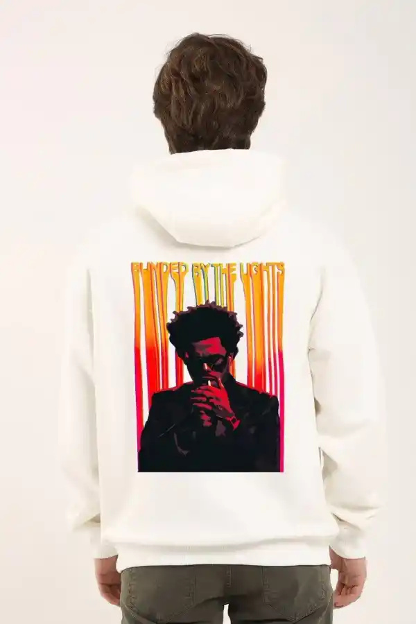 Erkek 3 İplik Pamuklu Kapüşonlu Baskılı Cepli Oversize Sweatshirt Hoodie - Beyaz