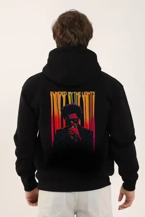 Erkek 3 İplik Pamuklu Kapüşonlu Baskılı Cepli Oversize Sweatshirt Hoodie - Siyah