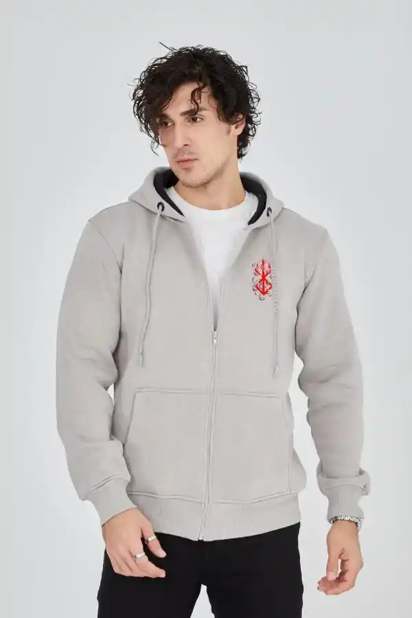 Erkek 3 İplik Pamuklu Kapüşonlu Tam Fermuarlı Cepli Hoodie Sweatshirt - Boyalı Gri