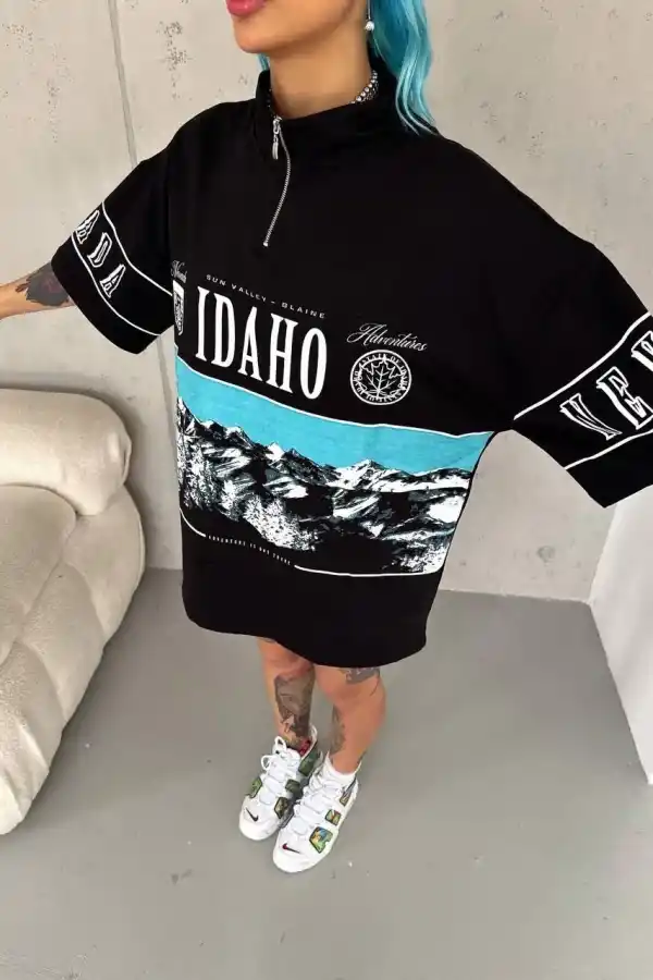 Kadın Baskılı Yarım Fermuarlı Kısa kol T-Shirt - Siyah