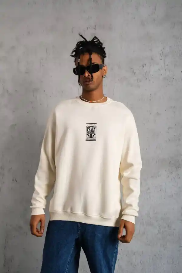 ERKEK 3 İplik Pamuklu Bisiklet Yaka Baskılı Oversize Sweatshirt - Beyaz