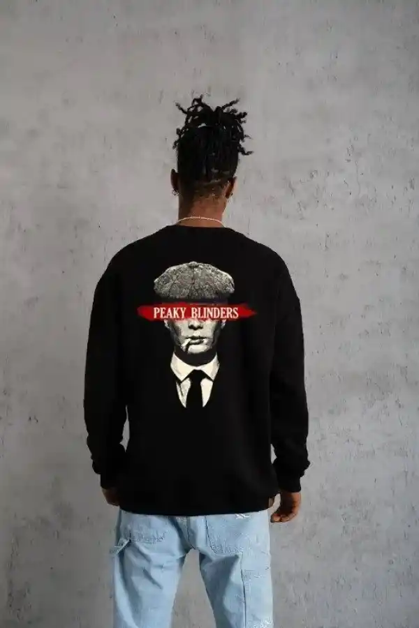 ERKEK 3 İplik Pamuklu Bisiklet Yaka Baskılı Oversize Sweatshirt - Siyah