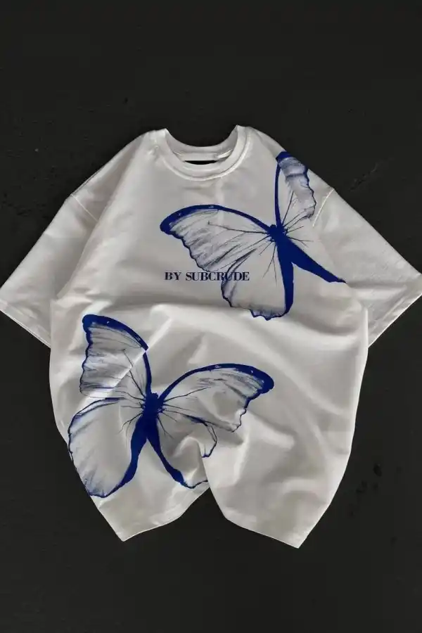kadın  Bisiklet Yaka Baskılı Oversize T-Shirt - Beyaz