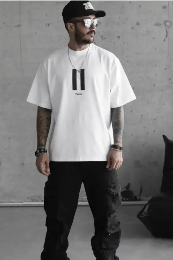 Erkek Kısa Kol Yazlık Tişört Bisiklet Yaka Baskılı Oversize T-Shirt - Beyaz