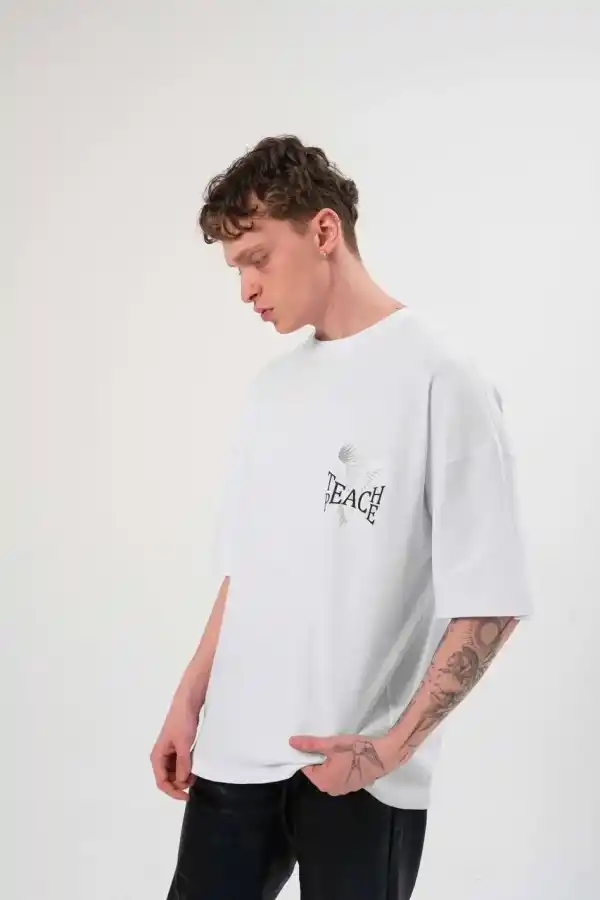 Erkek Kısa Kol Yazlık Tişört Bisiklet Yaka Baskılı Oversize T-Shirt - Beyaz