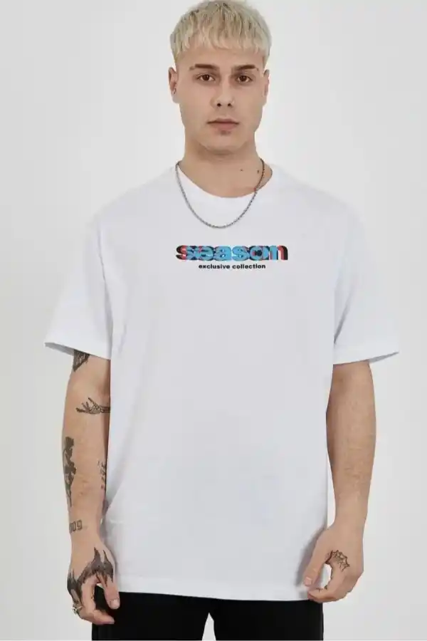 Erkek Kısa Kol Yazlık Tişört Bisiklet Yaka Baskılı Oversize T-Shirt - Beyaz