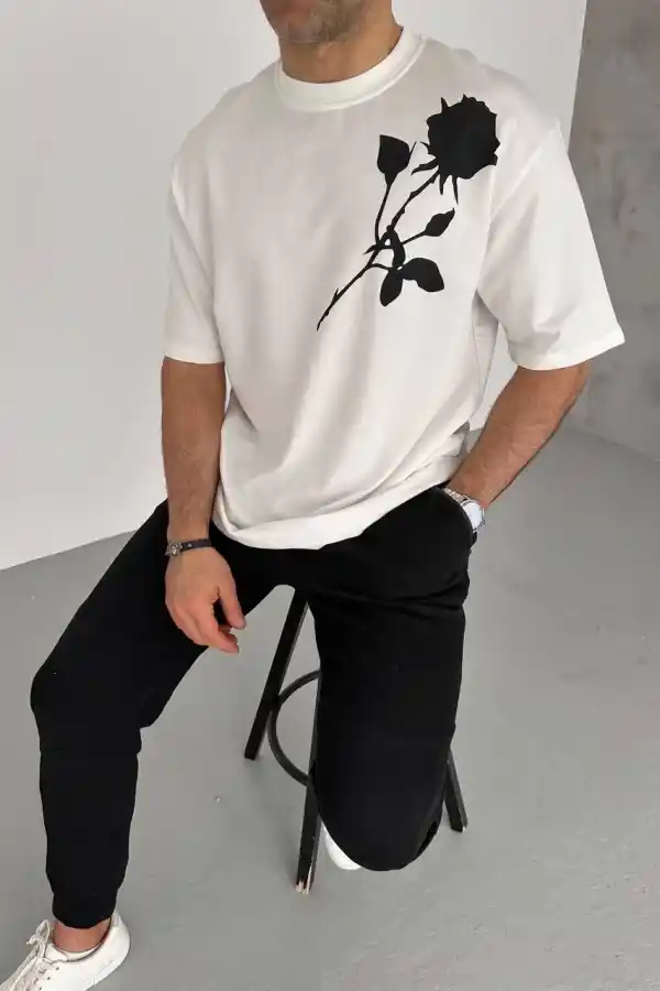 Erkek Kısa Kol Tişört Bisiklet Yaka GÜL Baskılı Oversize T-Shirt - Beyaz