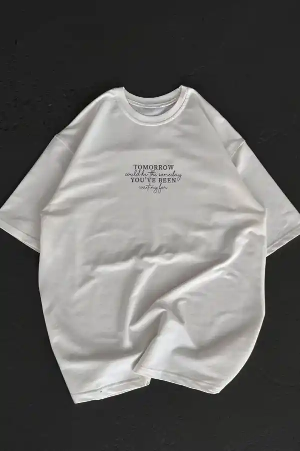 Kadın Baskılı T-Shirt Kısa Kol Bisiklet Yaka Oversize Rahat Kalıp Günlük Tişört   - Beyaz