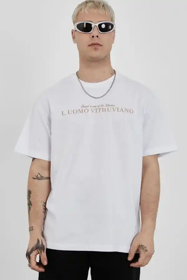 Erkek Bisiklet Yaka Tişort Baskılı Oversize kısa kol T-Shirt - Beyaz