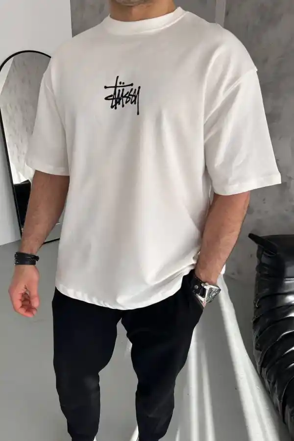 Erkek Tişört Bisiklet Yaka Baskılı Oversize Kısa kol T-Shirt - Beyaz