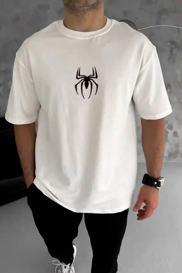 Erkek Kısa Kol Tişört Bisiklet Yaka ÖRÜMCEK Baskılı Oversize T-Shirt - Beyaz