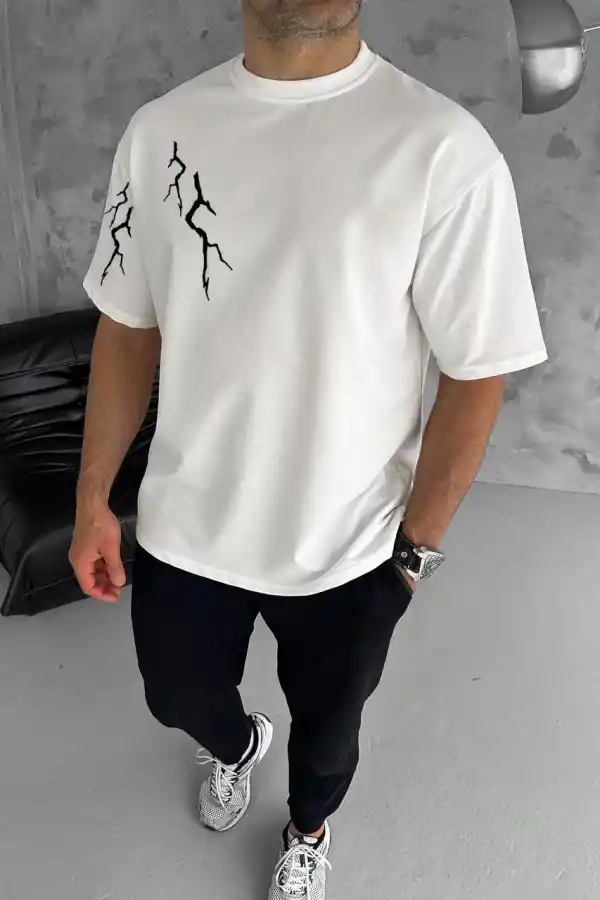 Erkek Kısa Kol Tişört Bisiklet Yaka Yıldırım Baskılı Oversize T-Shirt - Beyaz