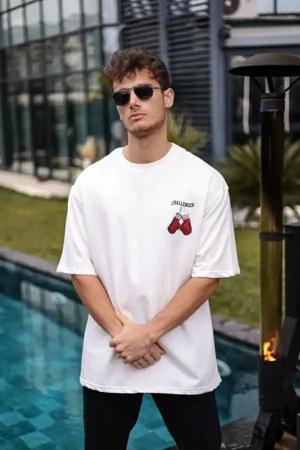 Erkek Kısa Kol Tişört Bisiklet Yaka Boxy Eldiven Baskılı T-Shirt - Beyaz