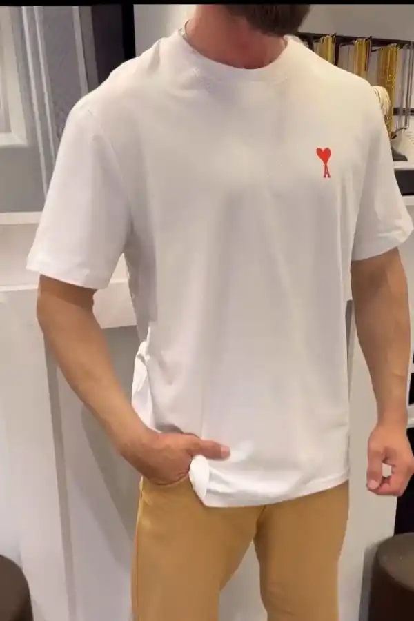 Erkek Kısa Kol Tişört Bisiklet Yaka KALP Baskılı Oversize T-Shirt - Beyaz