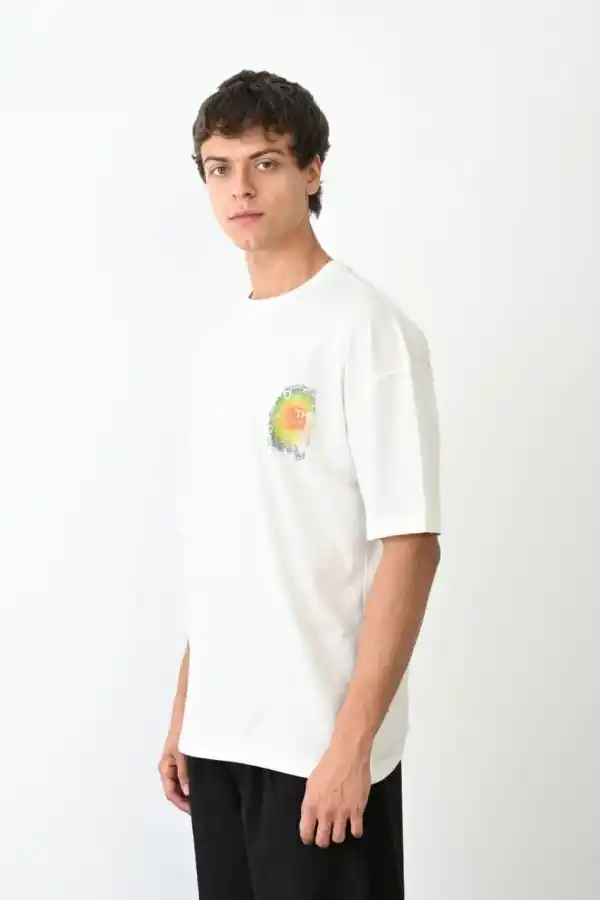Erkek Kısa Kol Yazlık Tişört Bisiklet Yaka Baskılı Oversize T-Shirt - Beyaz