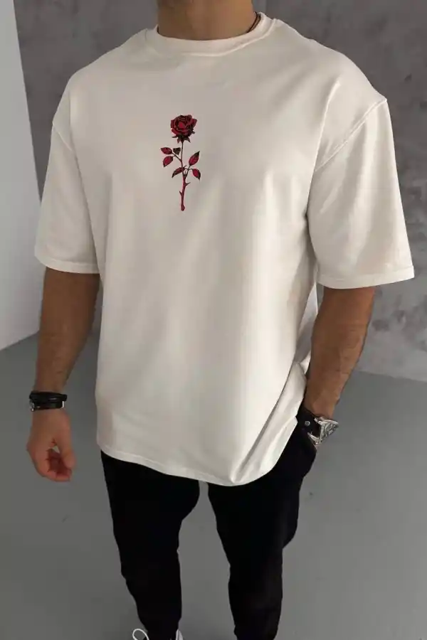 Erkek Kısa Kol Tişört Bisiklet Yaka GÜL Baskılı Oversize T-Shirt - Beyaz