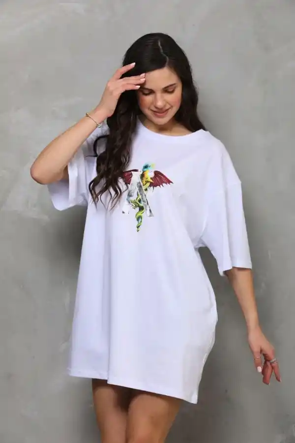Kadın Baskılı T-Shirt Kısa Kol Bisiklet Yaka Regular Fit Rahat Kalıp Günlük Tişört - Beyaz