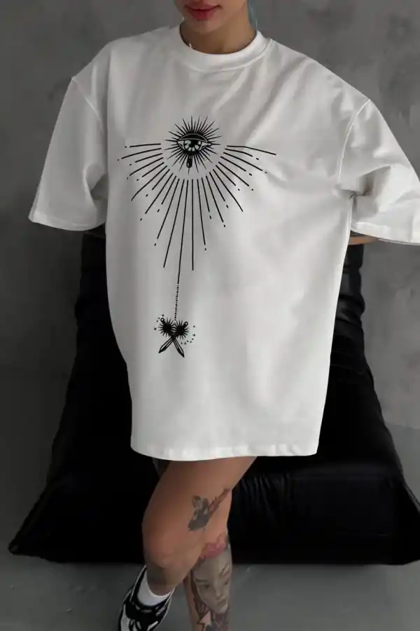 kadın Bisiklet Yaka Baskılı Oversize  Kısa kol T-Shirt - Beyaz