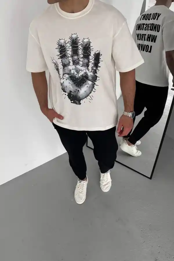 Erkek Baskılı T-Shirt Kısa Kol Bisiklet Yaka Regular Fit Rahat Kalıp Günlük Tişört - Beyaz