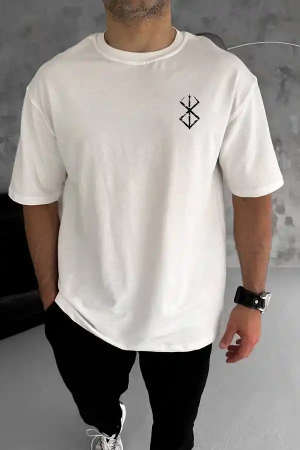 Erkek Kısa Kol Yazlık Tişört Bisiklet Yaka Baskılı Oversize T-Shirt - Beyaz