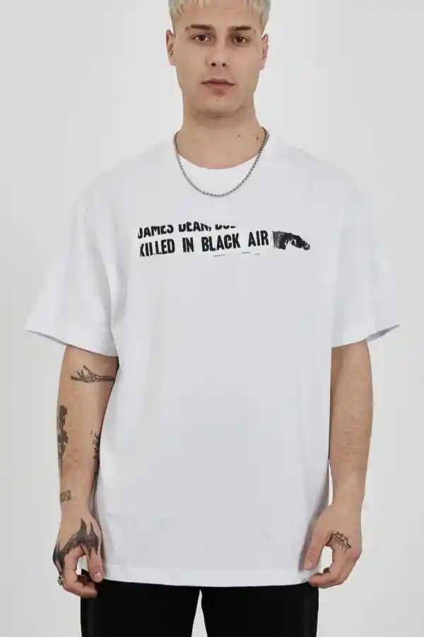 Erkek Kısa Kol Yazlık Tişört Bisiklet Yaka Baskılı Oversize T-Shirt - Beyaz