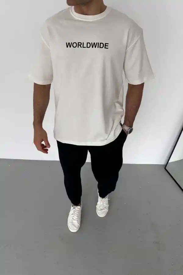 Erkek Yazlık Baskılı Tişört Bisiklet Yaka Kısa Kol Regular Fit T-Shirt - Beyaz