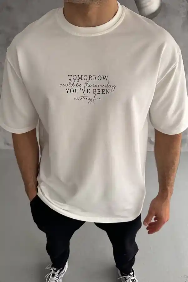 Erkek Kısa Kol Yazlık Tişört Bisiklet Yaka Baskılı Oversize T-Shirt - Beyaz