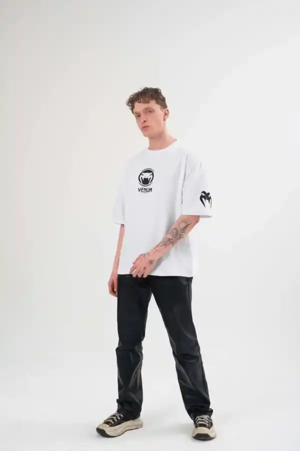 Erkek Kısa Kol Tişört Göğüs ve Kol Bisiklet Yaka Baskılı T-Shirt - Beyaz