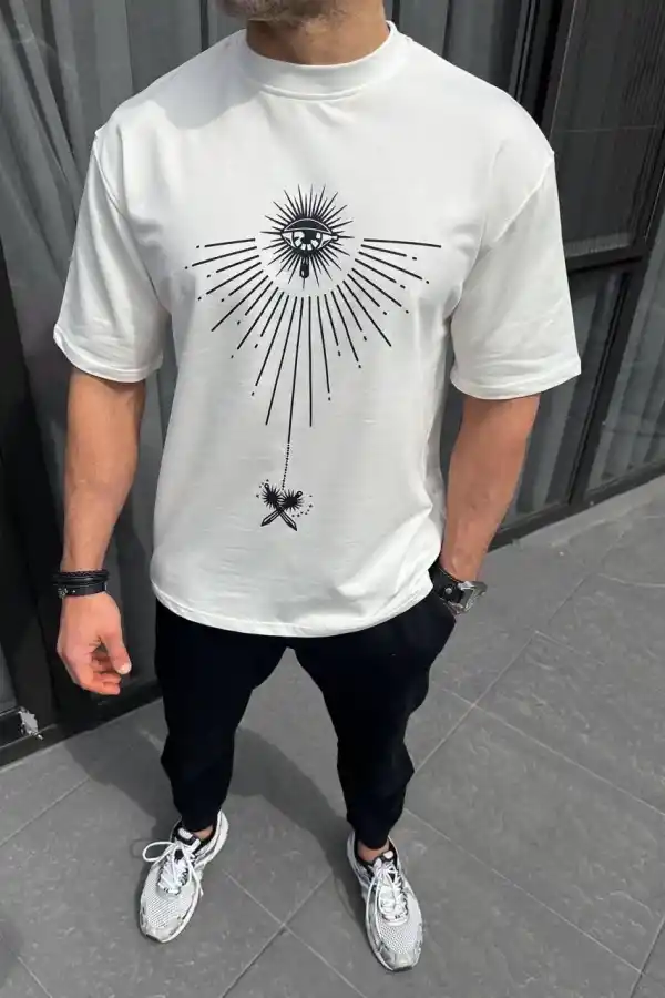 Erkek Kısa Kol Tişört Bisiklet Yaka GÜL Baskılı Oversize T-Shirt - Beyaz