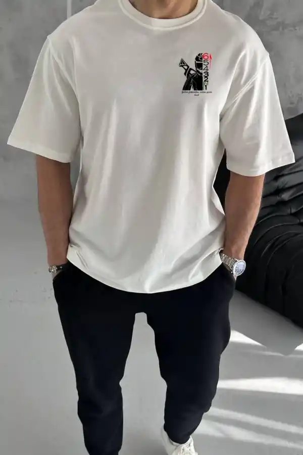 Erkek Kısa Kol Yazlık Tişört Bisiklet Yaka Baskılı Oversize T-Shirt - Beyaz