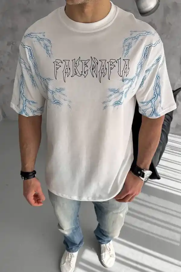 Erkek Bisiklet Yaka Yıldırım Baskılı  Kısa kol T-Shirt - Beyaz