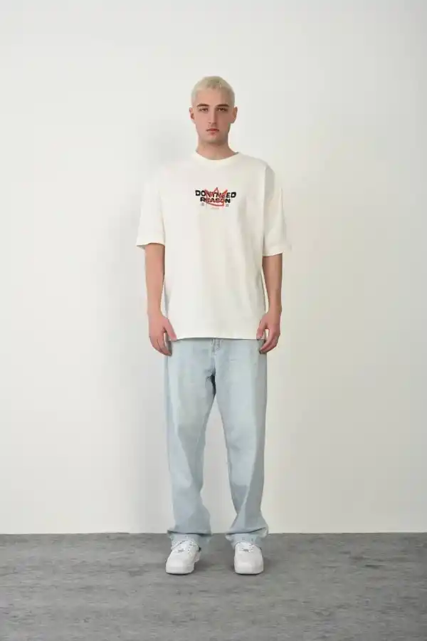 Erkek Kısa Kol Yazlık Tişört Bisiklet Yaka Baskılı Oversize T-Shirt - Beyaz