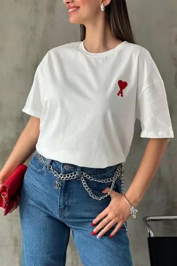 Kadın Tişört Bisiklet Yaka Baskılı Oversize Kısa Kol T-Shirt - Beyaz