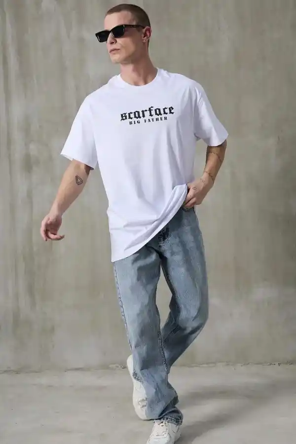 Erkek Kısa Kol Yazlık Tişört Bisiklet Yaka Baskılı Oversize T-Shirt - Beyaz