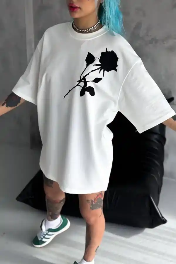 kadın Bisiklet Yaka Baskılı Oversize  Kısa kol T-Shirt - Beyaz