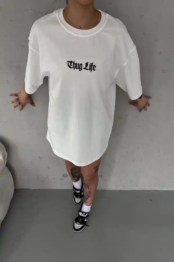 Kadın Kısa Kol Yazlık Tişört Bisiklet Yaka Baskılı Oversize T-Shirt - Beyaz