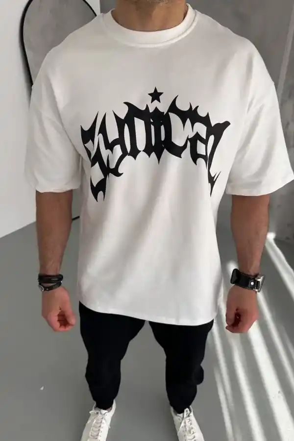 ERKEK Tişört Bisiklet Yaka Baskılı Kısa kol T-Shirt - Beyaz