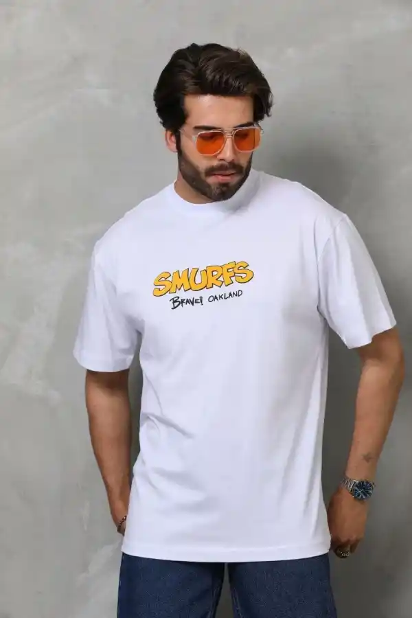 Erkek Kısa Kol Yazlık Tişört Bisiklet Yaka Baskılı Oversize T-Shirt - Beyaz